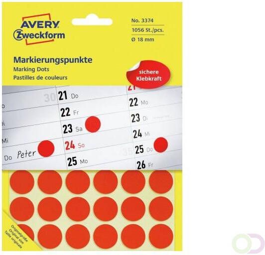 Avery Zweckform Avery Ronde etiketten diameter 18 mm rood 1.056 stuks